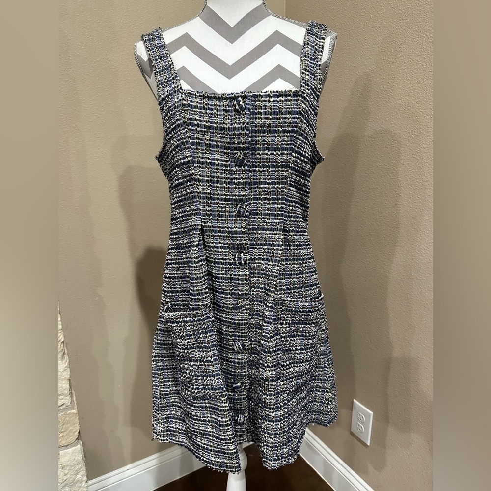 Free People Maxx Mini Shift Dress Women's M Midnight Combo Square Neck Pockets